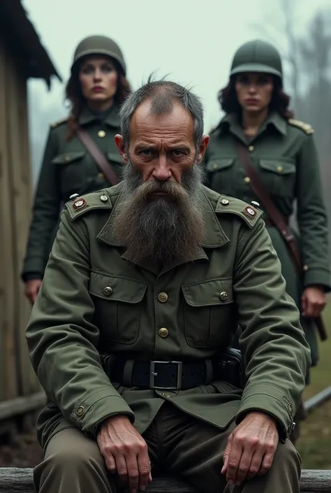  A Russian soldier overgrown with a beard is sitting, from behind, two military women touch him 