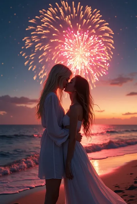  Create a picture of me and my girlfriend kissing on the beach ,  with fireworks shining in the night sky behind both.  Me and my girlfriend in white clothes . Im a blonde woman , light skinned, with 1.65 tall, She has brown hair with blonde highlights , s...