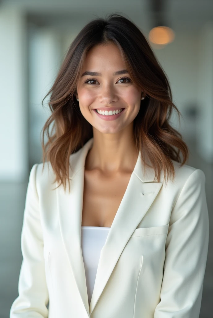 Professional profile for LinkedIn with professional background and white suit with genuine smile no full body no deep neck just a girl in office with smile with crop face in brown hair with layer cutting