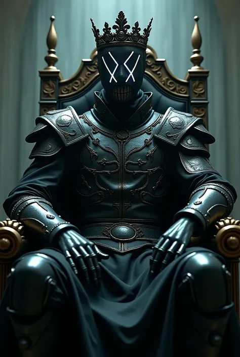 Prince Charming a black God-mask from the movie The Purge, a neon white X over the eyes, a stitched mouth, Sitting on a throne, He has a crown on his head and is dressed in shining armor 