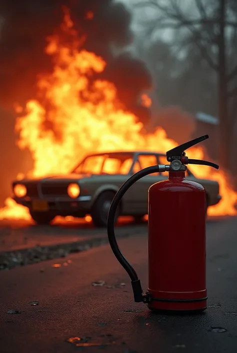 Create a burning car with a fire extinguisher cylinder in front of it 