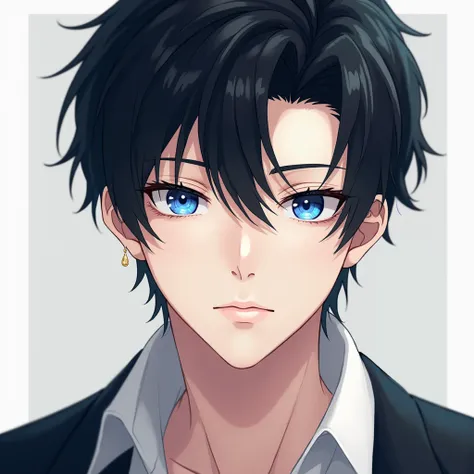 Man, black hair, blue eyes, white skin, handsome, anime 