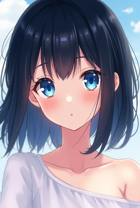 An anime girl with shoulder length black hair and blue eyes.