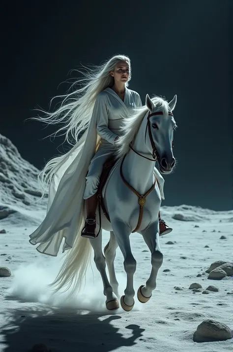 A woman with long silver hair travels on horseback on the moon, 