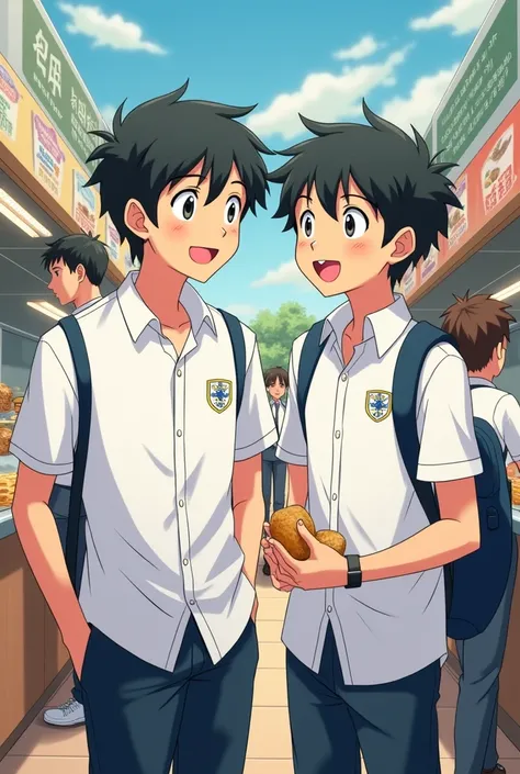 Two boys, teenager wearing same school white uniform, at the canteen buying food in animation