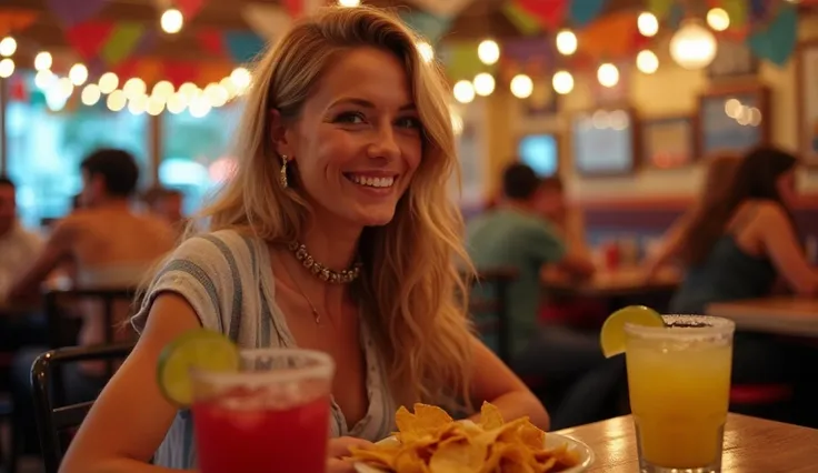 "A close-up of a woman resembling Scarlett Johansson, dressed in casual, stylish clothing, sitting at a table in a vibrant Mexican restaurant. She is enjoying a meal of shared nachos with a drink in front of her, with margaritas on the table. The backgroun...