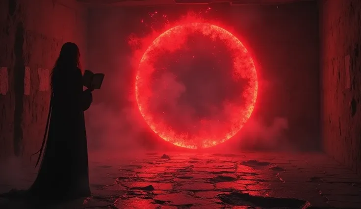 A large red circle appears on the basement floor, inside which strange prints glow. Zari, the book in hand, stands near the circle. Black smoke is rising from the circle, and the earth is shaking.

