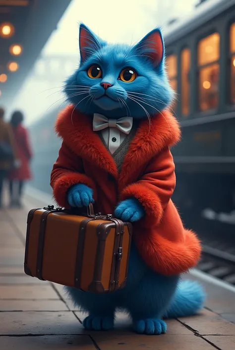 a beautiful blue cat, fluffy, anthropomorphic, stands on its hind legs like a human, is dressed in a warm red fur coat, holds a suitcase in its paws, stands near the train, is about to leave