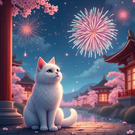 White cat sitting with New Year fireworks and Asian park in the background