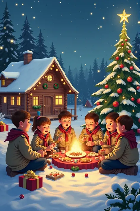 Designing a picture that reflects New Years Day 2025, Christmas, which congratulates the Scout Group. Therefore, I want the picture to include something that indicates scouting and scouting movement and at the same time reflects Christmas and New Year