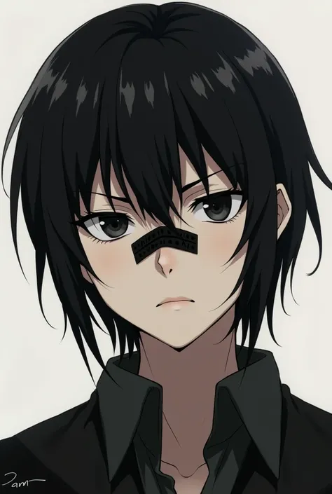 An image of a boy with black eyes and masculine in anime format with shoulder length and black hair and with a black band-aid on his nose and whose facial expression is cold