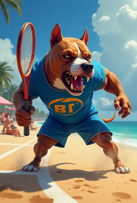 An angry Pitbull at a Beach tennis arena wearing a Beach tennis racket with a blue blouse with a branded logo "bt"