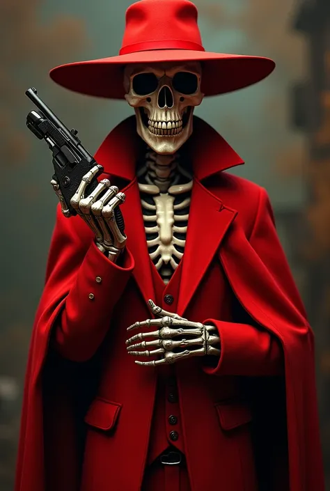 a red skeleton with a red suit and poncho,  with a red hat pointed from the front with a revolver 