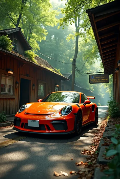 Create an image of a Porsche 911 driving in a bus station surrounded by forest 