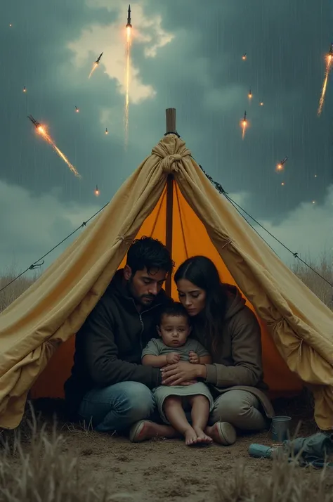 A family of a man, a woman and an  are sitting in a tent while the sky is raining missiles on them.