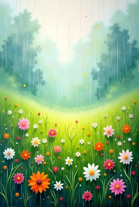 Create an abstract A4 art of a flowery green field in rainy weather