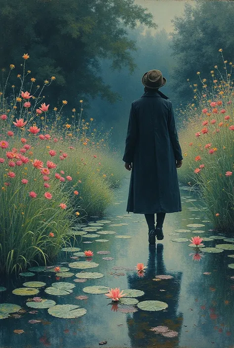  A figure walking through the Giverny garden, surrounded by flowers,  but the figure is shaded or very diffuse ,  and in front of it a lily pond , The sky is dark . The whole image in Claude Monets painting style