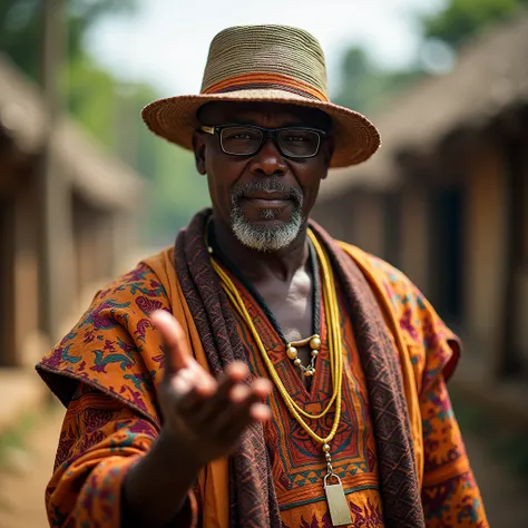 a   who warns
Habillé en vêtements traditionnels béninois avec un chapeau portant des lunettes 