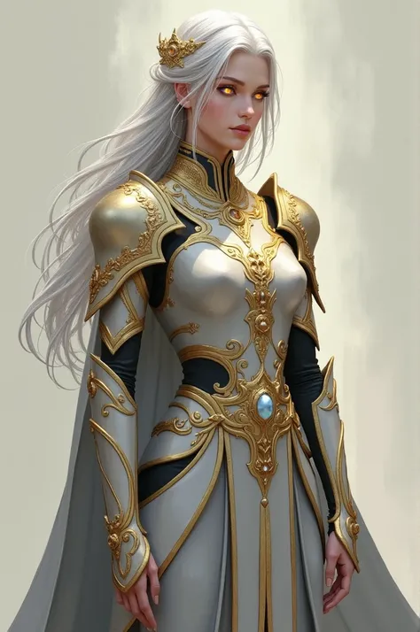 A powerful, ethereal woman with silvery hair stands in intricately designed gold and gray attire. Her eyes glow with a warm intensity that resonates with the gilded elements of her minimalist armor and the soft draping of gray fabrics. Elegant golden acces...