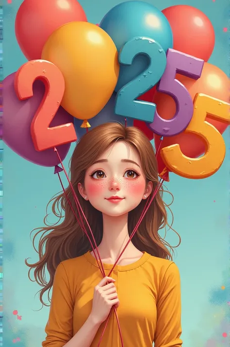 Make me an image of a girl with brown hair with freckles holding balloons that say 2025 in text