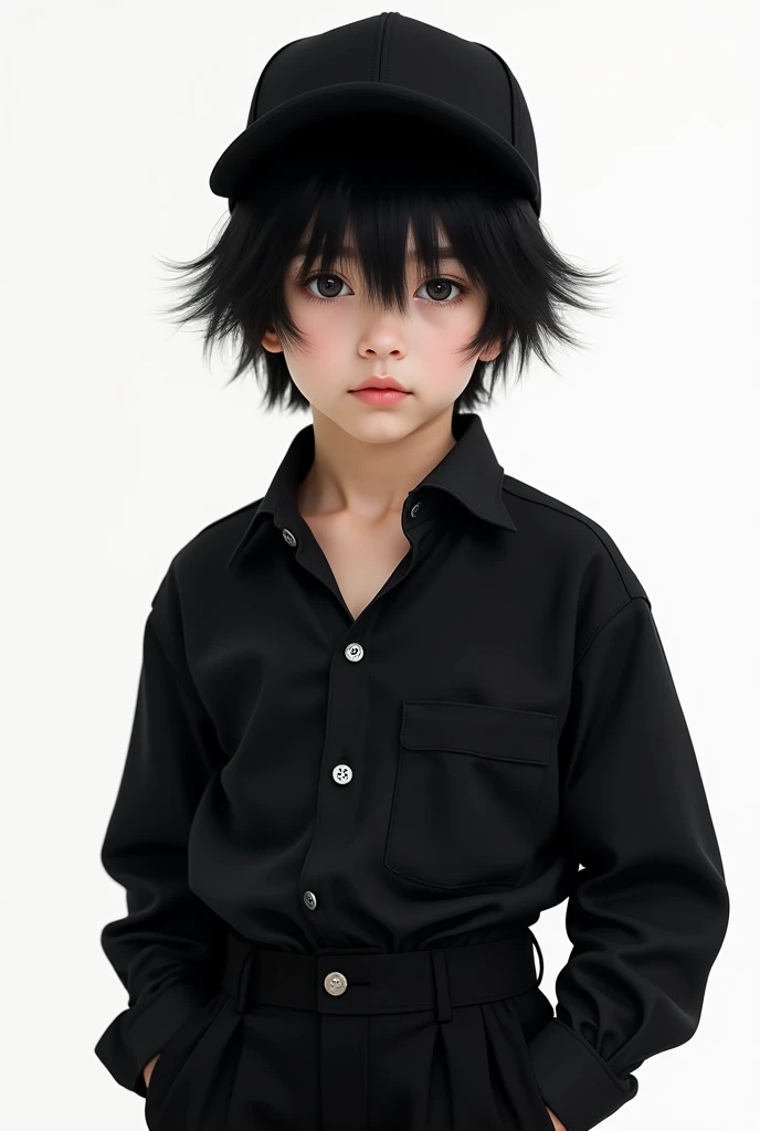  A boy with shaggy black hair , a black plunge cap on top of his head , a very light and smooth skin tone ,  a black moonbrix blouse and black pants,  white background, I want vibrant colors 