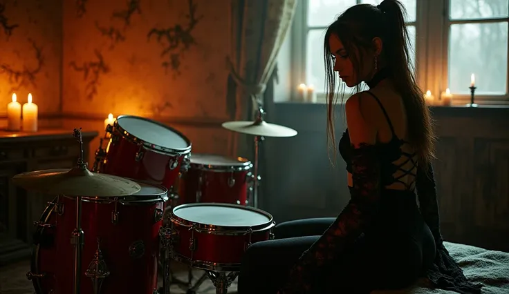 A hot and beautiful German rocker girl wearing dark clothes with red and gold accents, sitting on an old drum set in a haunted mansion. Flickering candles cast eerie shadows on the walls while curtains sway in an otherworldly breeze