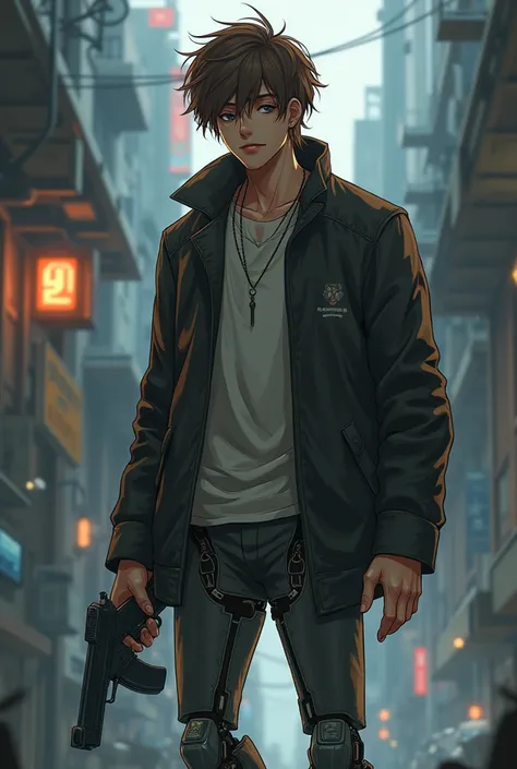 Cyberpunk character man with brown hair and sleepy eyes anime 
High taller and his legs having a robot 
With littel mostage 
And gun
