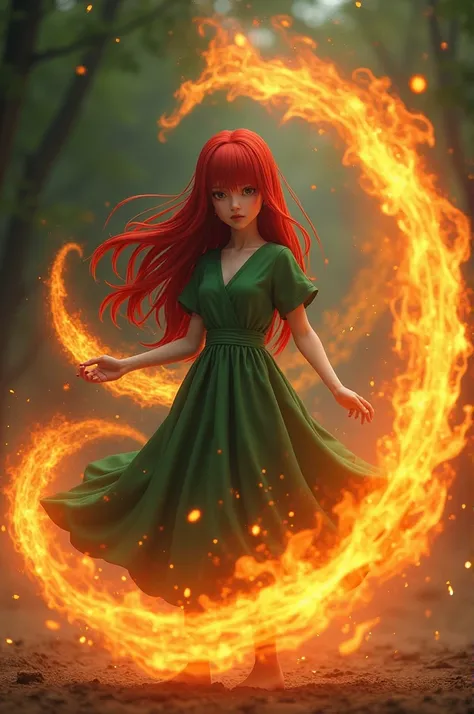 A girl with red hair, wearing a green dress, with Sasukes eyes, playing with fire 