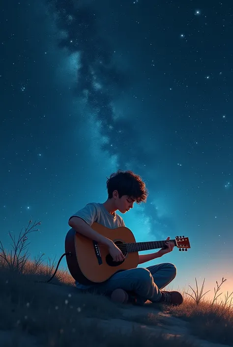 Make me a cover for clip of one teenager who is lost in a word of stars  in universe and he have in his hands a guitar