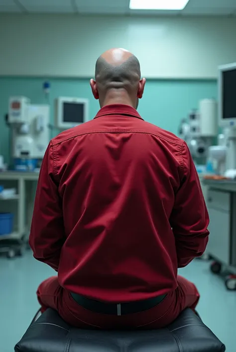 A man with slightly pink skin ,  red lumberjack shirt and pants ,  sitting on a stretcher in a laboratory without being able to see his face, realism,  photo from behind, calvo