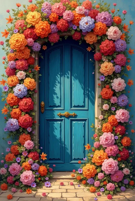 Beautiful van Gogh style image beautiful door full of multicolored flowers with large petals 