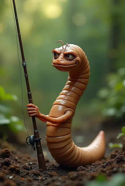 Create an image of an earthworm with a sarcastic face holding a fishing rod