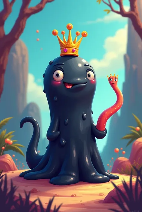 create a cartoon  image of a black slime with a mini small crown with a floating worm behind it