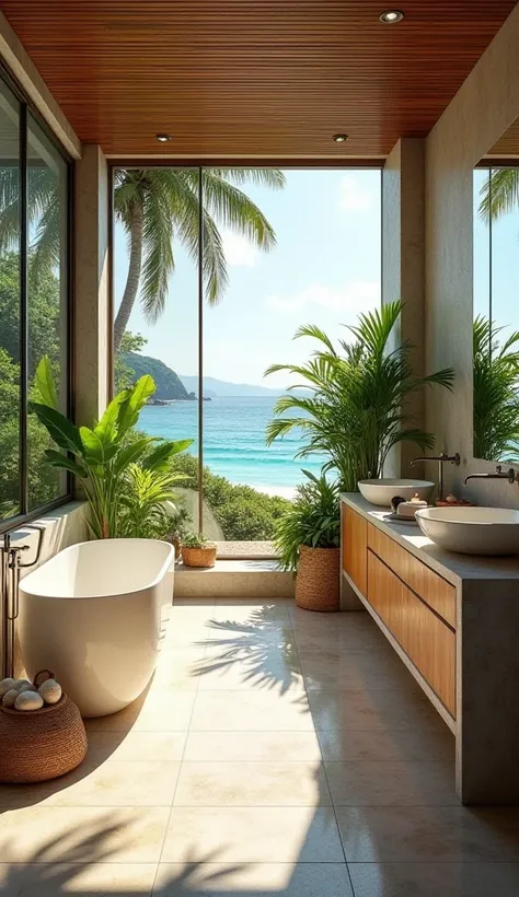 A bathroom with a tropical atmosphere in the coastal design style