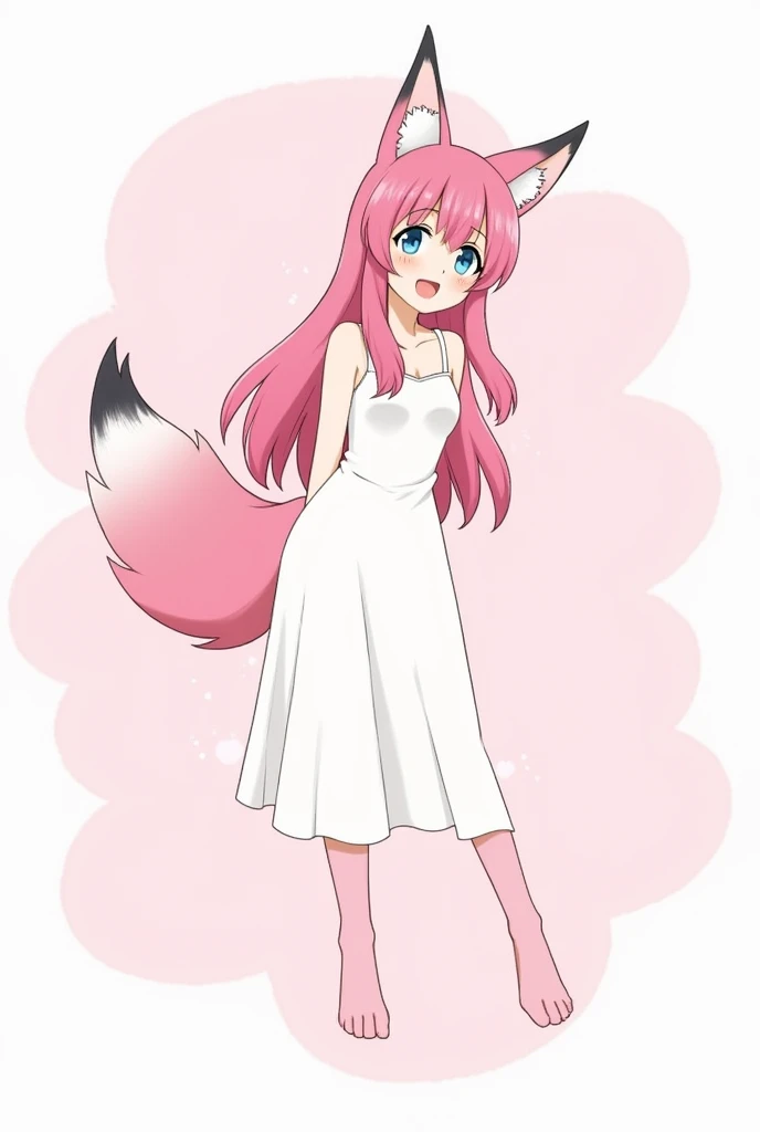 absurdres, furry, furry woman, solo, kemono, (pink body), High detail, fox tail, (one tail), (pink fur, black tip of tail), fox ears, (pink fur), long hair, (pink hair), flat chest, blue eyes, see a beautiful mouth (Laugh cheerfully), leaning slightly, sta...