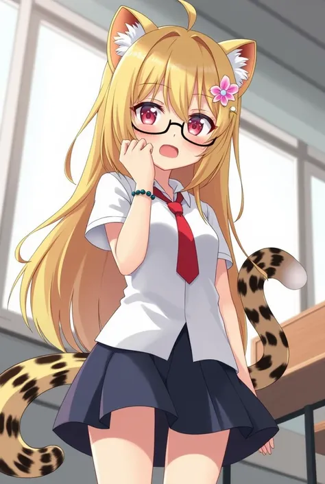 snow leopard girl,pink eyes,yellow long hair,beige leopard ears,beige leopard tail,black leopard print,beige leopard fur,white shirt,red necktie,dark blue mini skirt,flower hairpin,glasses,bead bracelet,classroom,morning,white sunlight,looking at viewer,sm...