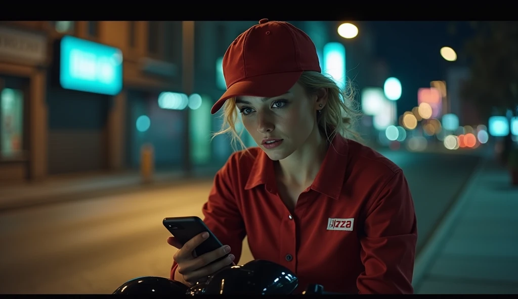 "A close-up of a woman resembling Scarlett Johansson, dressed in a pizza delivery uniform, sitting on an electric scooter at night. She is looking at her cellphone with a disheartened or frustrated expression. The background features dim streetlights and a...