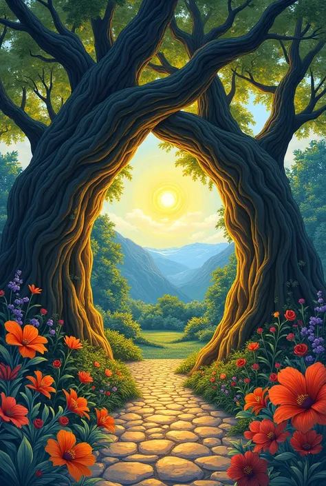 Beautiful Van Gogh style image, beautiful porch made with 2 large crisscrossed trees that together form a large door open to a beautiful garden full of large multicolored flowers with large petals and with a view of a bright and radiant sun that gently ill...