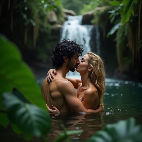  In the foreground vegetation of a forest with large leaves ,  behind the leaves in the background two lovers hugging each other in a kiss in a water well under a waterfall,   the girl haired blonde hazelnut The middle aged man handsome black hair. Bare sh...