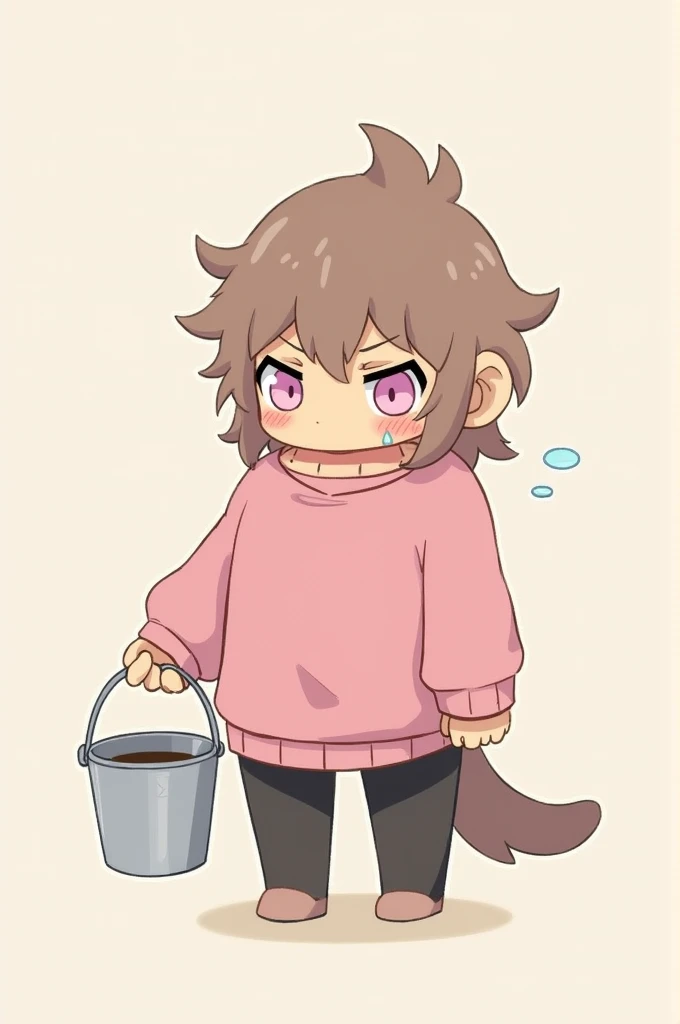 A small brown oong ahired  with pink eyes crying with a bucket qearing a pink long sleeved jumper and black leggings  in anime style