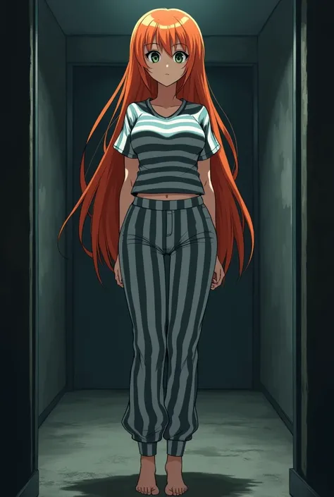 A young anime woman with long orange hair wearing an inmates uniform, pants with white and black stripes ,  and a shirt with a white and black striped sleeve that is covering her entire body,  she is barefoot and is without utensils ,  she is in a prison c...