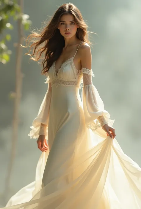 Girl with wavy hair/curly cream-colored silk dress with long lace sleeves and heels 