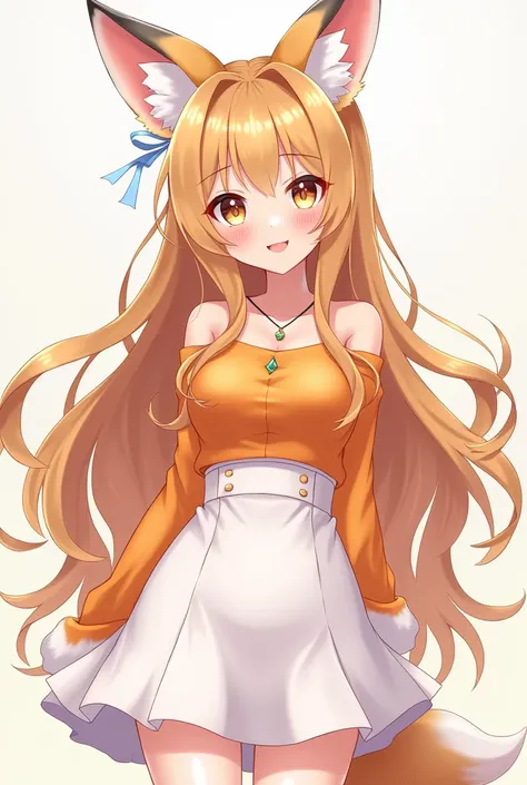 Beautiful Vtuber girl long hair smiley face with a fox ear wearing an beautiful orange crop top, white short skirt and stocking. no background. No shadow