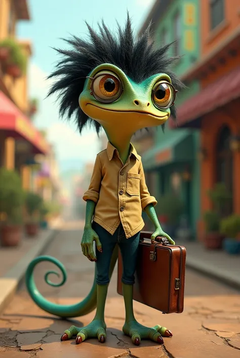  Rango the Disney chameleon with black hair butt, glasses, shirt and briefcase  