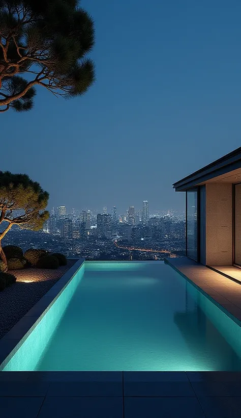 A pool with a serene, nocturnal atmosphere in the Japanese Zen design style with glass edges and a view of Tokyo