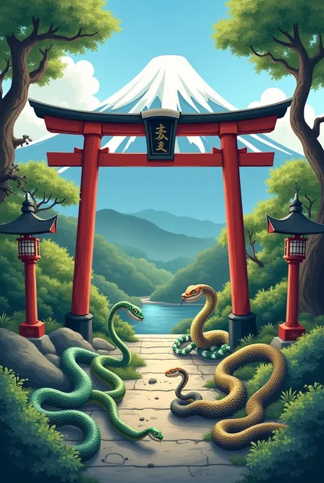 I want pictures of cute snakes, Mt. Fuji, and torii gates