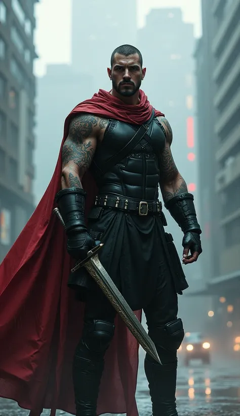 "A heroic figure in a dystopian setting, standing in an intimidating pose, with intricate tattoos, black combat clothing, a red cape flowing in the wind, and a gleaming sword in hand, against a misty backdrop of a futuristic city under rain."