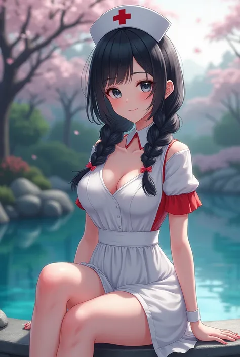 1female，35yo，plumw，extremely large bosom， solo，（Background with：，Cherry blossom forest，Deep in the forest，hospitals，）Sit by the pool， She has short black hair，standing on your feet，seen from the front， Twist braids， mostly cloudy sky，（（（tmasterpiece），（Very...