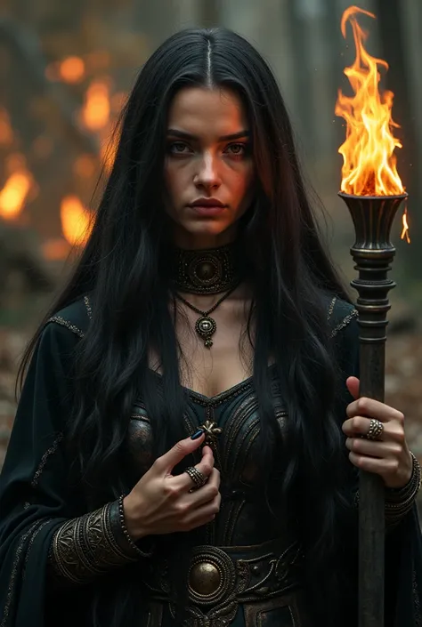 Full HD,  high definition. An image of the goddess Hekate with all the elements associated with her.  closed expression on the face.  looking forward. Holding torches in their hands black dogs on your side 