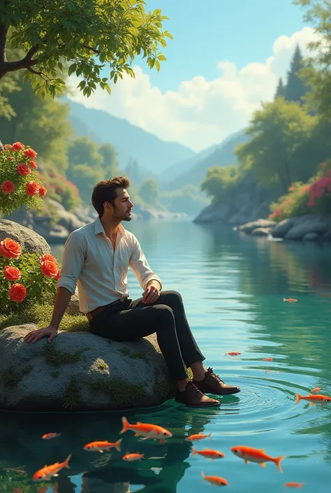 A handsome man, sitting on a rock, on the edge of a beautiful small river with fish, on the edge of the river there are beautiful rose plants, the weather is sunny, the sky is blue.